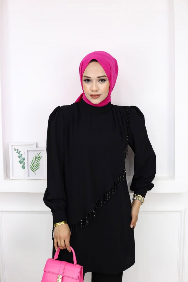 Çapraz Kristal Taş Detaylı Takım - Siyah